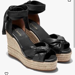 Cole Haan Black Leather Espadrille Wedge Sandals